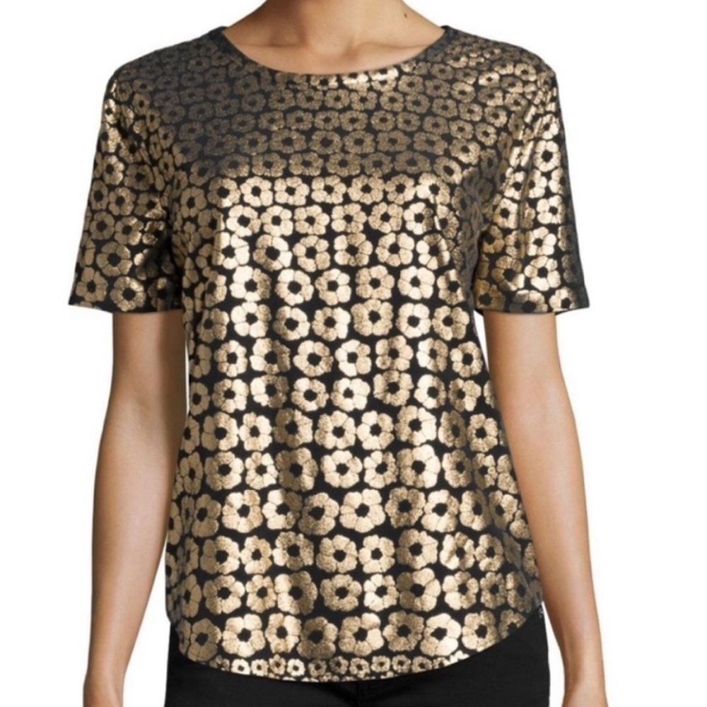Equipment Femme Silk Gold Black Metallic Floral Short Sleeve Blouse disco Small